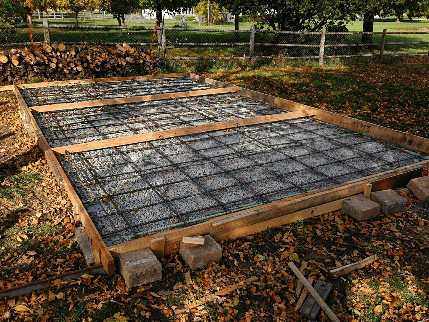 Concrete pad forms with gravel base and rebar grid before pour