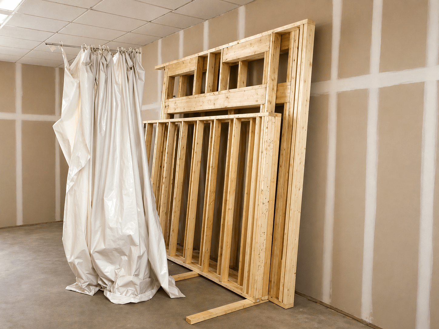 Tall front wall section with garage door headers stored upright in the shop