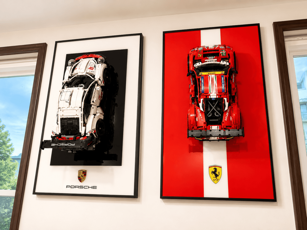 LEGO Technic Ferrari displayed flat in shadow box wall mount frame