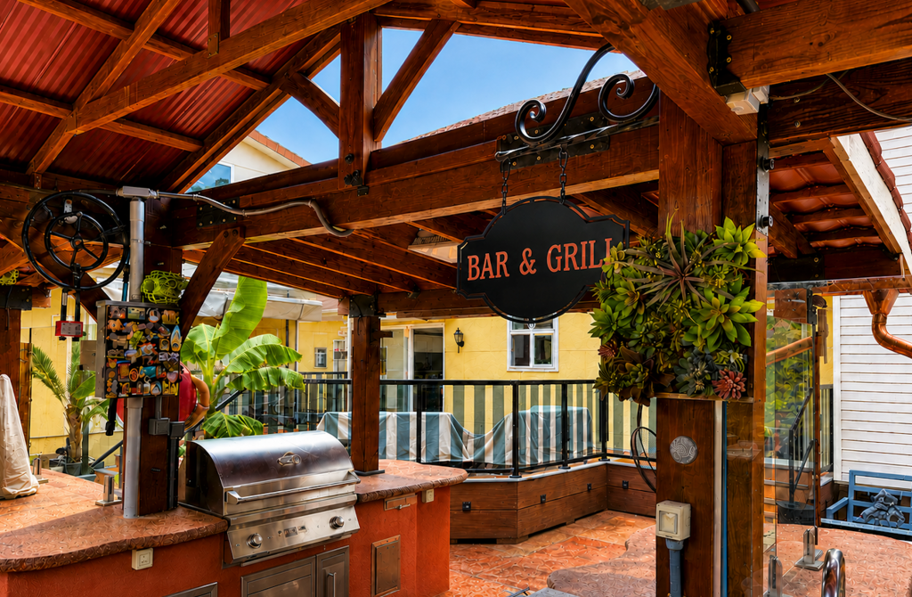 Stained gazebo structure with blacked-out hardware for a rustic look