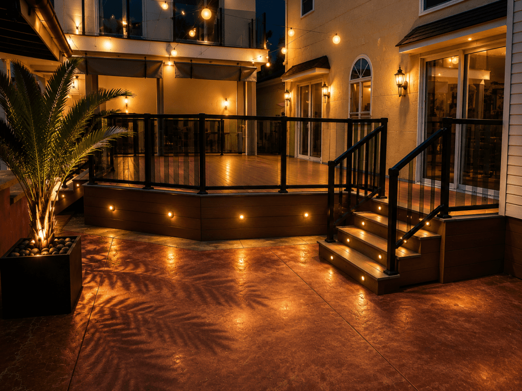 Composite deck boards showing two-tone color pattern across joists