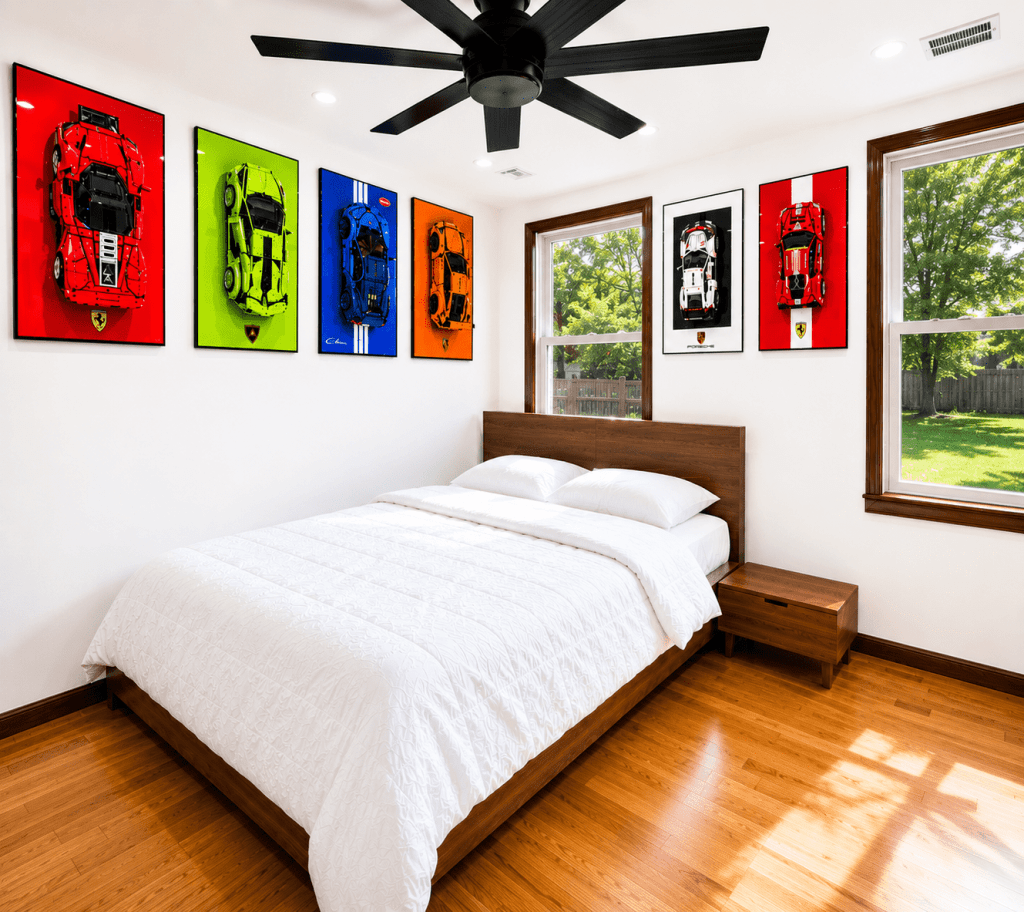 LEGO Technic Ferrari, McLaren and Bugatti cars on black acrylic wall-mount frames