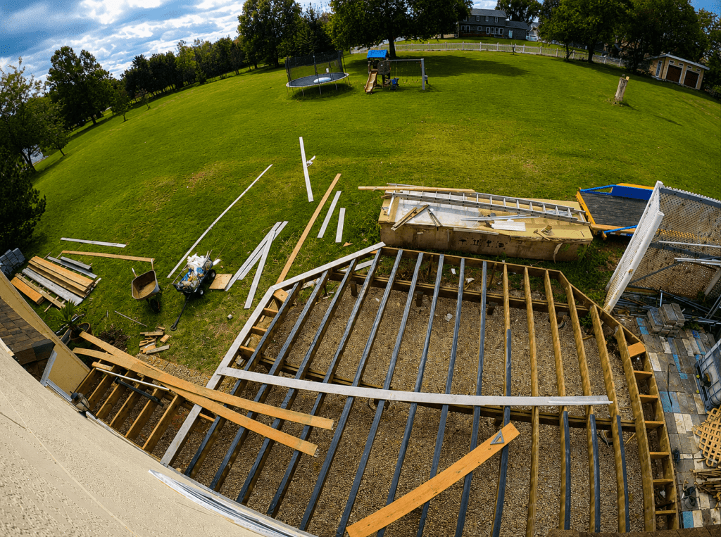 Corner section of aluminum glass railing on deck showing post cap detail