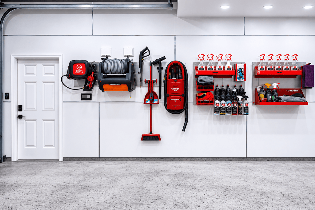 A clean garage wall featuring various tools and equipment organized on shelves, including a vacuum, spray bottles, and cleaning supplies, alongside a white door.