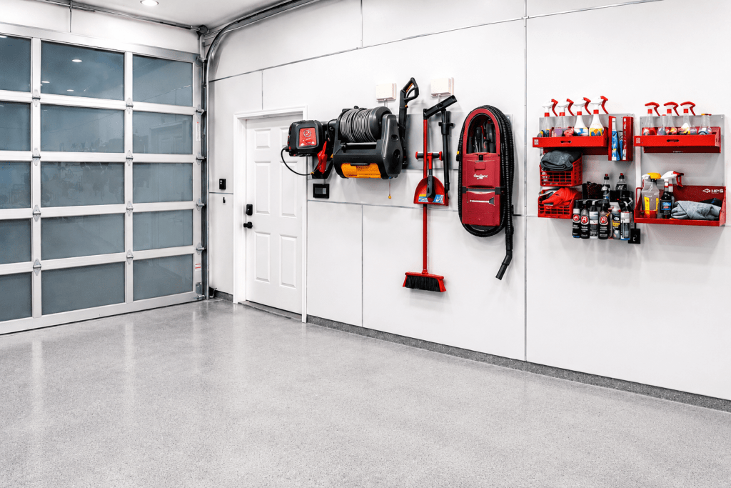 A clean and organized garage interior featuring a glass door, white walls, and a polished floor. The right wall displays various cleaning tools including a vacuum, broom, and spray bottles arranged on red shelves.