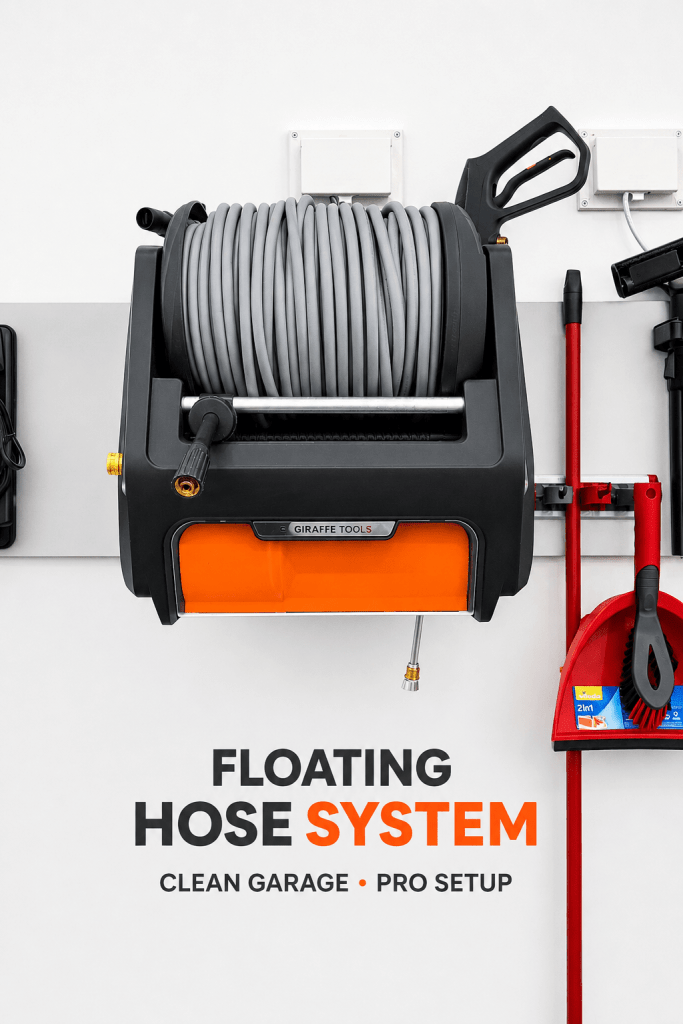 A wall-mounted floating hose system with a grey hose neatly coiled on a black and orange holder, featuring a spray nozzle, alongside a red broom and dustpan.