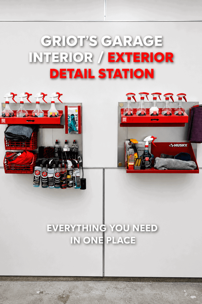 Detail station at Griot's Garage featuring various cleaning products and towels, organized on red shelving against a white wall.