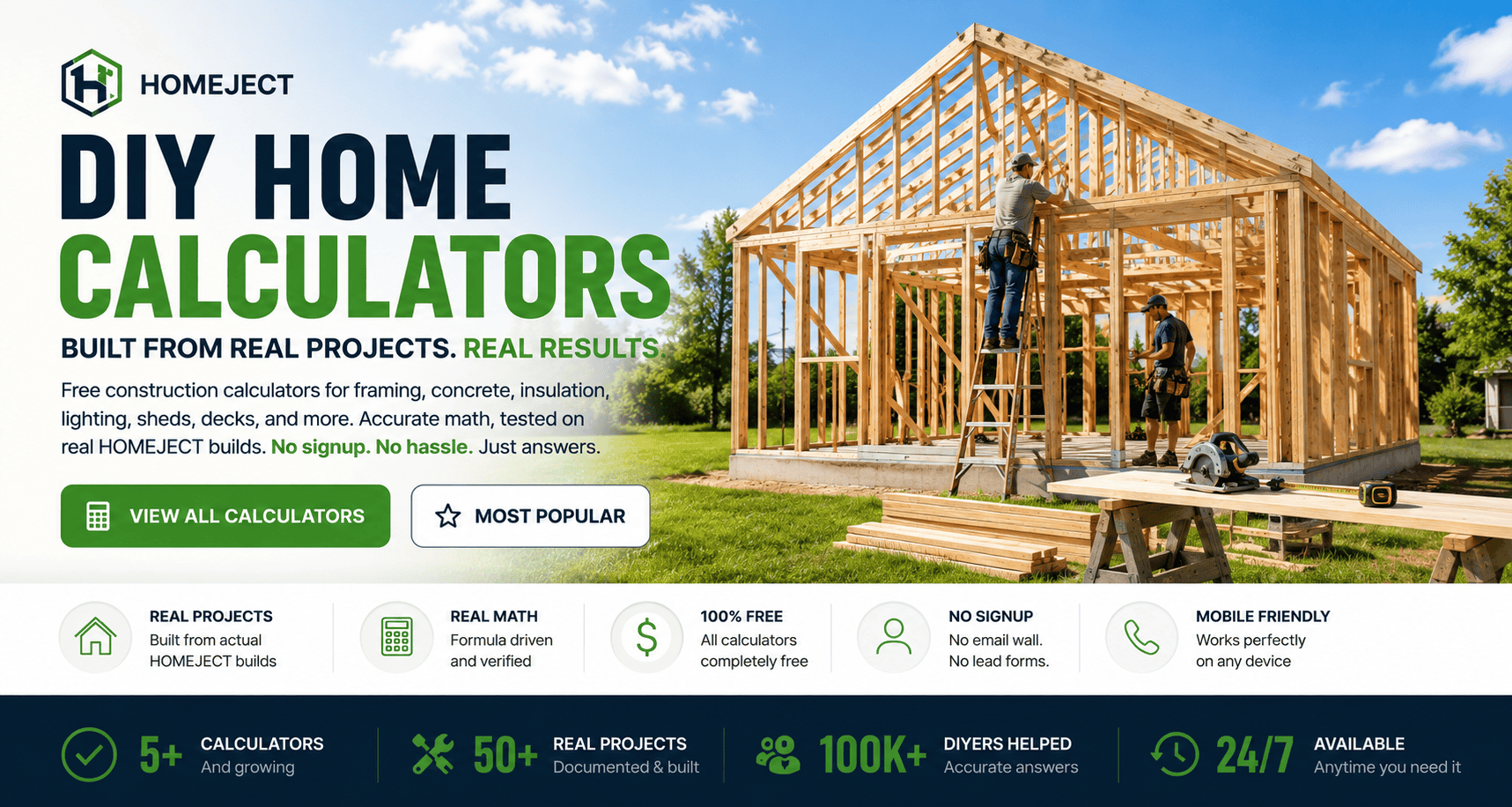 DIY Home Calculators hero banner – free construction calculators for framing, concrete, insulation, lighting, sheds, and more
