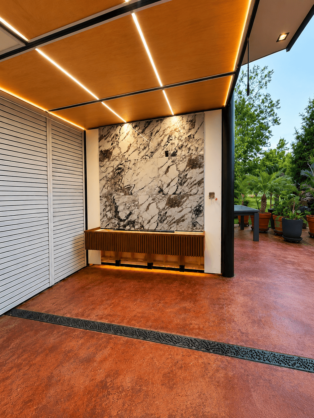DIY Patio Room with Outdoor TV, Home Bar & Modern Fireplace